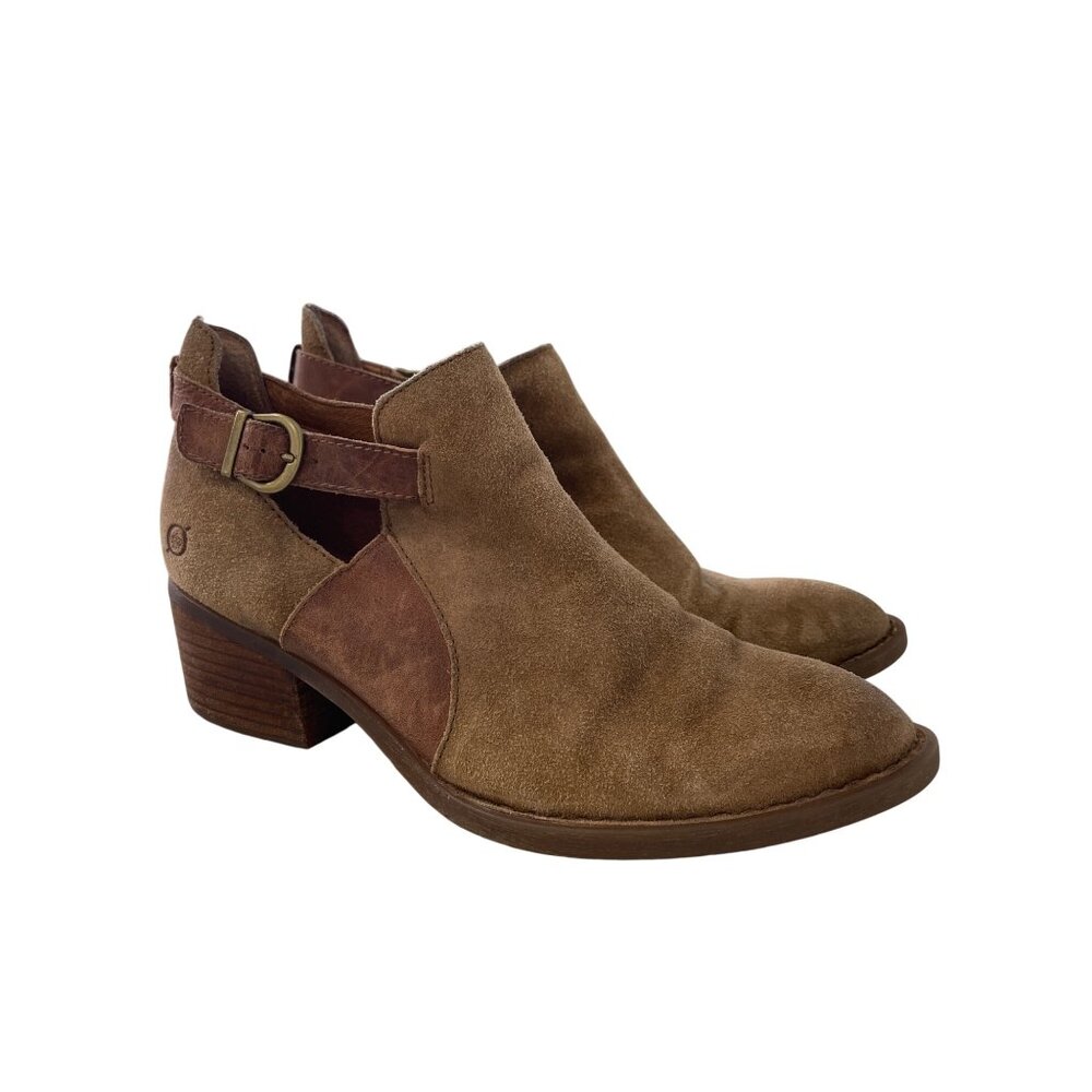 Born Carin Ankle Boots Size 9.5 Almond Toe Buckle Strap Suede Leather Brown Boho